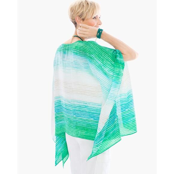 Chico's Poncho Top Beaded Green Ombre Striped Boho Vacation Summer Size S/M - Picture 3 of 15